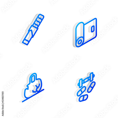 Set Isometric line Fitness mat roll, Protein sport bar, Broken weight and Sports doping with dumbbell icon. Vector