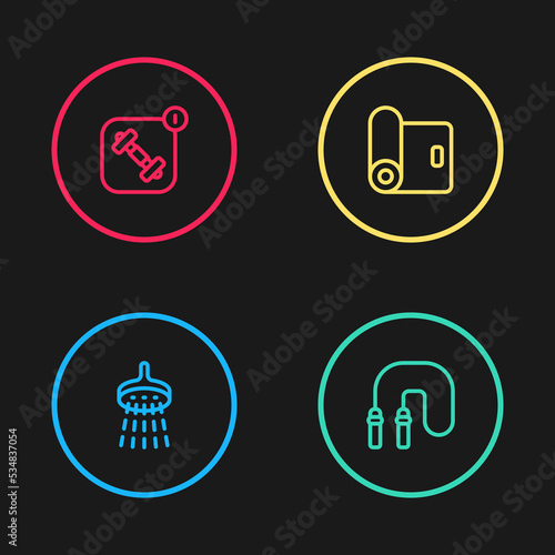 Set line Shower, Jump rope, Fitness mat roll and app icon. Vector