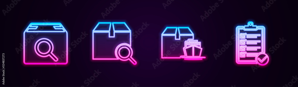 Set line Search package, , Cargo ship with boxes and Verification of delivery list. Glowing neon icon. Vector Set line Search package, , Cargo ship with boxes and Verification of delivery list. Glowing neon icon. Vector