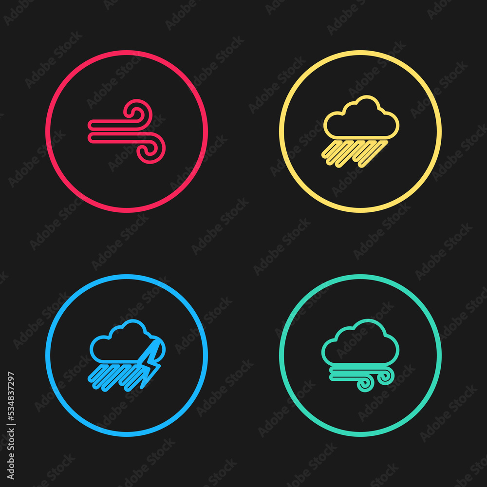 Set line Cloud with rain and lightning, Windy weather, and icon. Vector Set line Cloud with rain and lightning, Windy weather, and icon. Vector