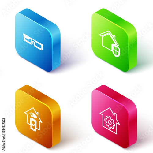Set Isometric line Smart glasses, House under protection, home remote control system and settings icon. Vector