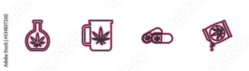 Set line Test tube with marijuana, Medical pills, Cup tea and Marijuana or cannabis seeds icon. Vector