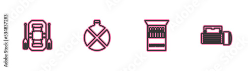 Set line Rafting boat, Open matchbox and matches, Canteen water bottle and Flashlight icon. Vector