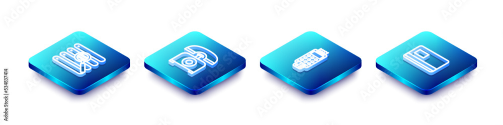 Set Isometric line Search in a browser window, Telephone, POS terminal with credit card and Credit icon. Vector Set Isometric line Search in a browser window, Telephone, POS terminal with credit card and Credit icon. Vector