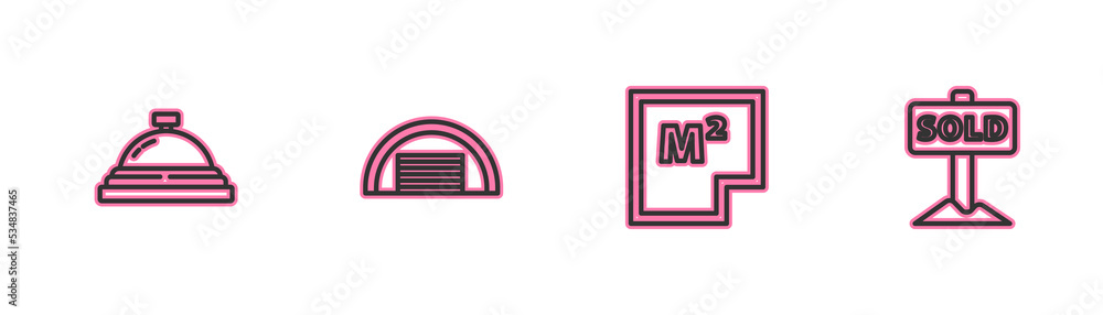 Set line Hotel service bell, House plan, Garage and Hanging sign with text Sold icon. Vector Set line Hotel service bell, House plan, Garage and Hanging sign with text Sold icon. Vector