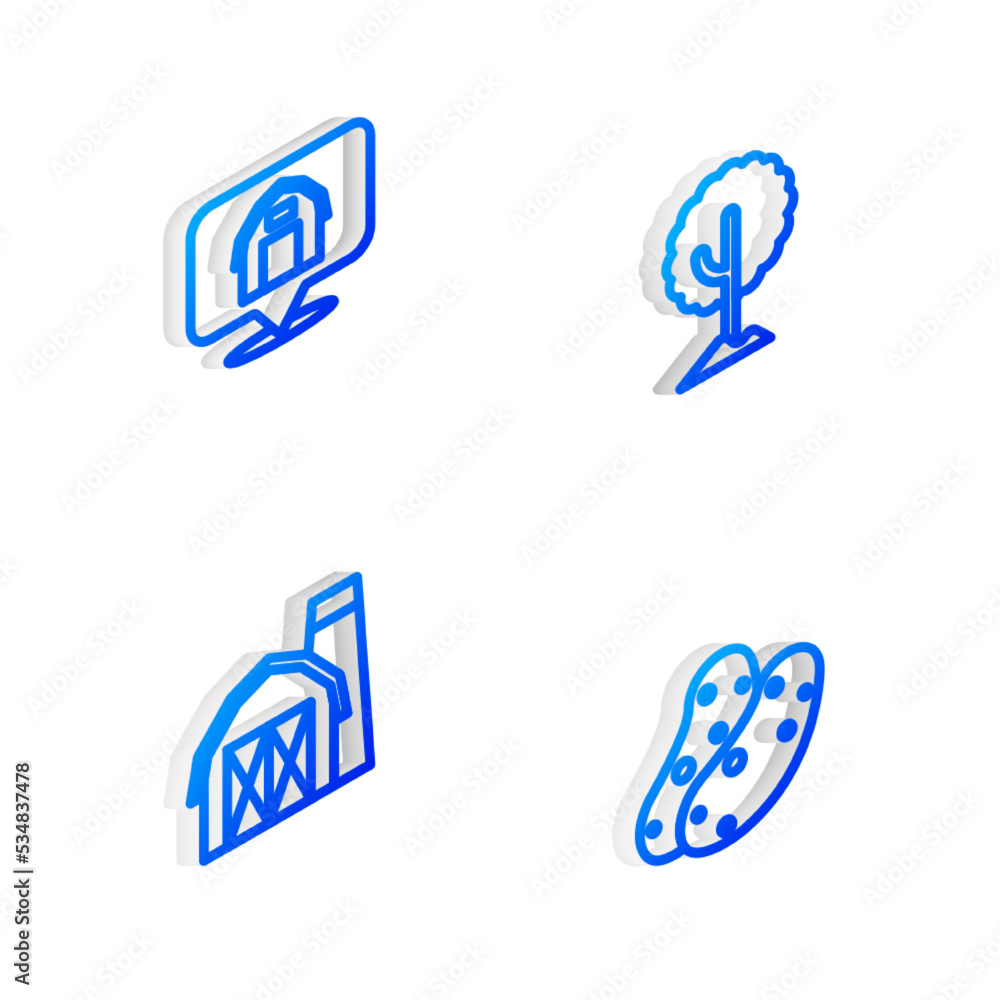 Set Isometric line Tree, Location farm house, Farm and Potato icon. Vector Set Isometric line Tree, Location farm house, Farm and Potato icon. Vector