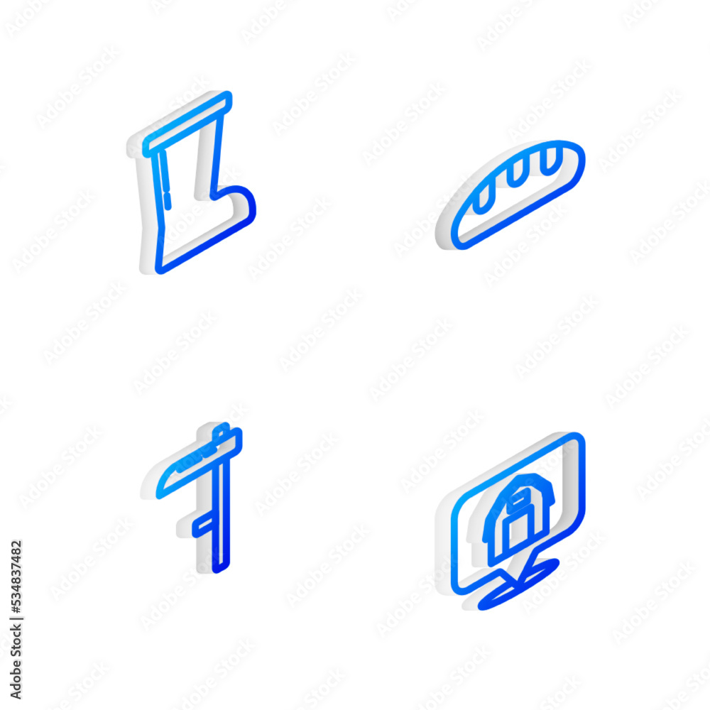 Set Isometric line Bread loaf, Waterproof rubber boot, Scythe and Location farm house icon. Vector Set Isometric line Bread loaf, Waterproof rubber boot, Scythe and Location farm house icon. Vector