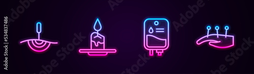 Set line Acupuncture therapy, Aroma candle, IV bag and . Glowing neon icon. Vector