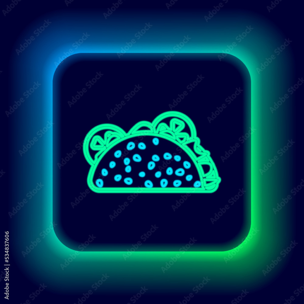 Glowing neon line Taco with tortilla icon isolated on black background. Traditional mexican fast food. Colorful outline concept. Vector