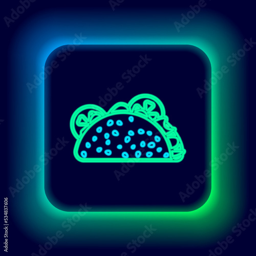 Glowing neon line Taco with tortilla icon isolated on black background. Traditional mexican fast food. Colorful outline concept. Vector