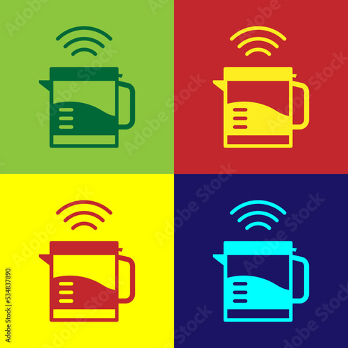 Pop art Smart electric kettle system icon isolated on color background. Teapot icon. Internet of things concept with wireless connection. Vector