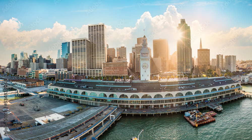 Naklejka premium Aerial: San Francisco cityscape in downtown. Drone view 