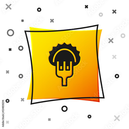 Black Dumplings on fork icon isolated on white background. Pierogi, varenyky, pelmeni, ravioli. Traditional Ukrainian food. Yellow square button. Vector