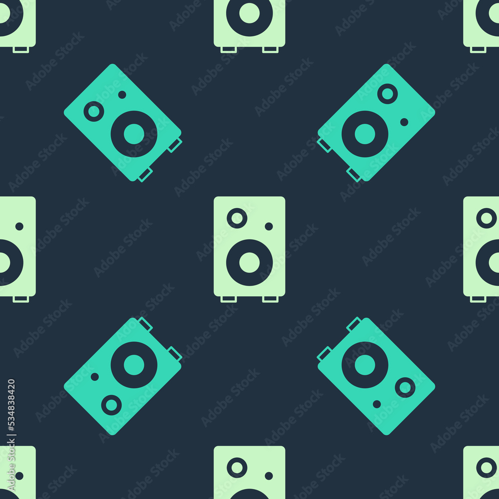 Green and beige Stereo speaker icon isolated seamless pattern on blue background. Sound system speakers. Music icon. Musical column speaker bass equipment. Vector Green and beige Stereo speaker icon isolated seamless pattern on blue background. Sound system speakers. Music icon. Musical column speaker bass equipment. Vector