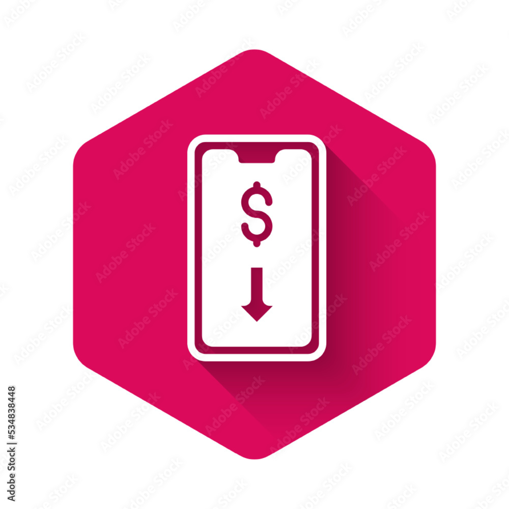 White Mobile stock trading concept icon isolated with long shadow background. Online trading, stock market analysis, business and investment. Pink hexagon button. Vector White Mobile stock trading concept icon isolated with long shadow background. Online trading, stock market analysis, business and investment. Pink hexagon button. Vector
