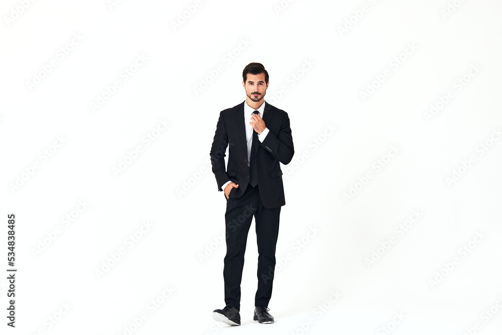 Man business smile with teeth in a suit business job walks open mouth happiness and surprise full-length on white isolated background copy space Man business smile with teeth in a suit business job walks open mouth happiness and surprise full-length on white isolated background copy space