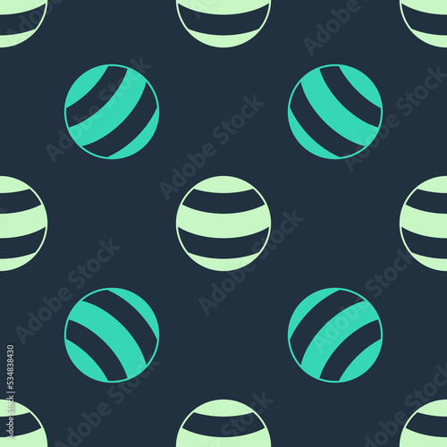 Green and beige Planet icon isolated seamless pattern on blue background. Vector