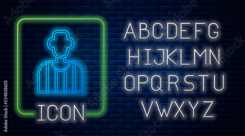 Glowing neon Football or soccer referee icon isolated on brick wall background. Neon light alphabet. Vector