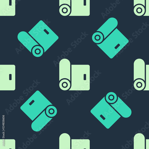 Green and beige Fitness mat roll icon isolated seamless pattern on blue background. Yoga mat rolled. Sport equipment. Vector