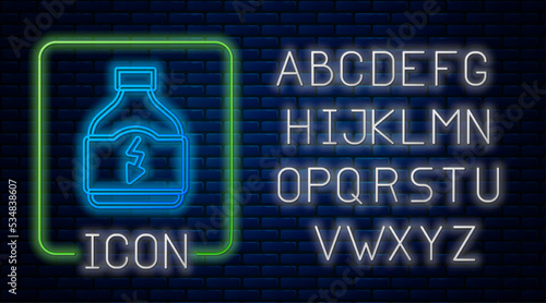 Glowing neon Sports nutrition bodybuilding proteine power drink and food icon isolated on brick wall background. Neon light alphabet. Vector
