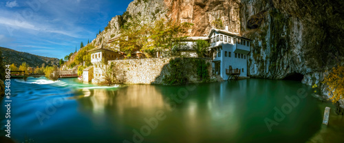 River comes from mountain, Blagaj dervish house near of mostar panoramic photography photo