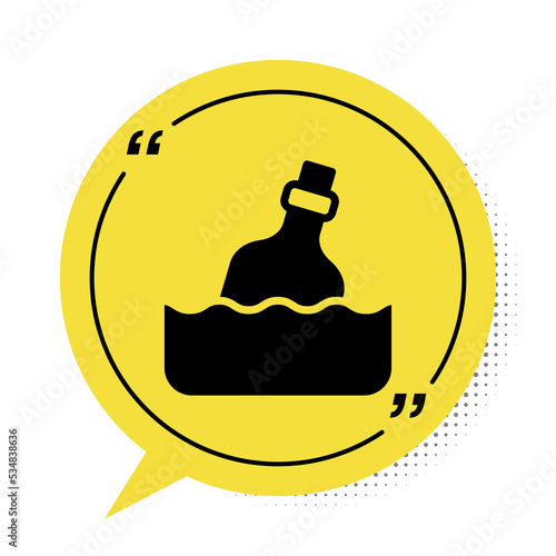 Black Glass bottle with a message in water icon isolated on white background. Letter in the bottle. Pirates symbol. Yellow speech bubble symbol. Vector