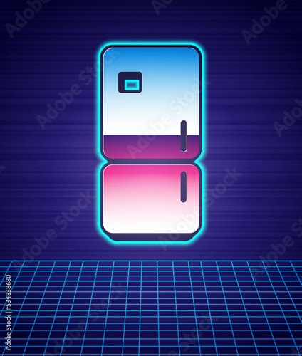 Retro style Refrigerator icon isolated futuristic landscape background. Fridge freezer refrigerator. Household tech and appliances. 80s fashion party. Vector