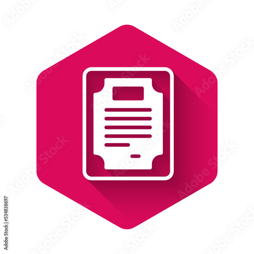 White Certificate template icon isolated with long shadow background. Achievement, award, degree, grant, diploma concepts. Pink hexagon button. Vector