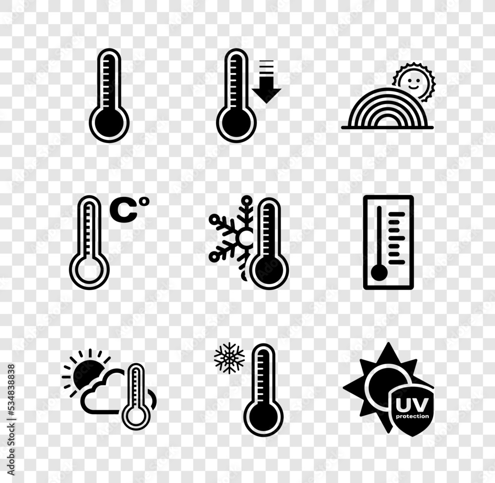 Set Meteorology thermometer, Rainbow with sun, Thermometer and cloud,, UV protection, and snowflake icon. Vector Set Meteorology thermometer, Rainbow with sun, Thermometer and cloud,, UV protection, and snowflake icon. Vector