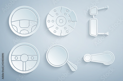 Set Car mirror, Truck side, Steering wheel, door handle, brake disk with caliper and icon. Vector