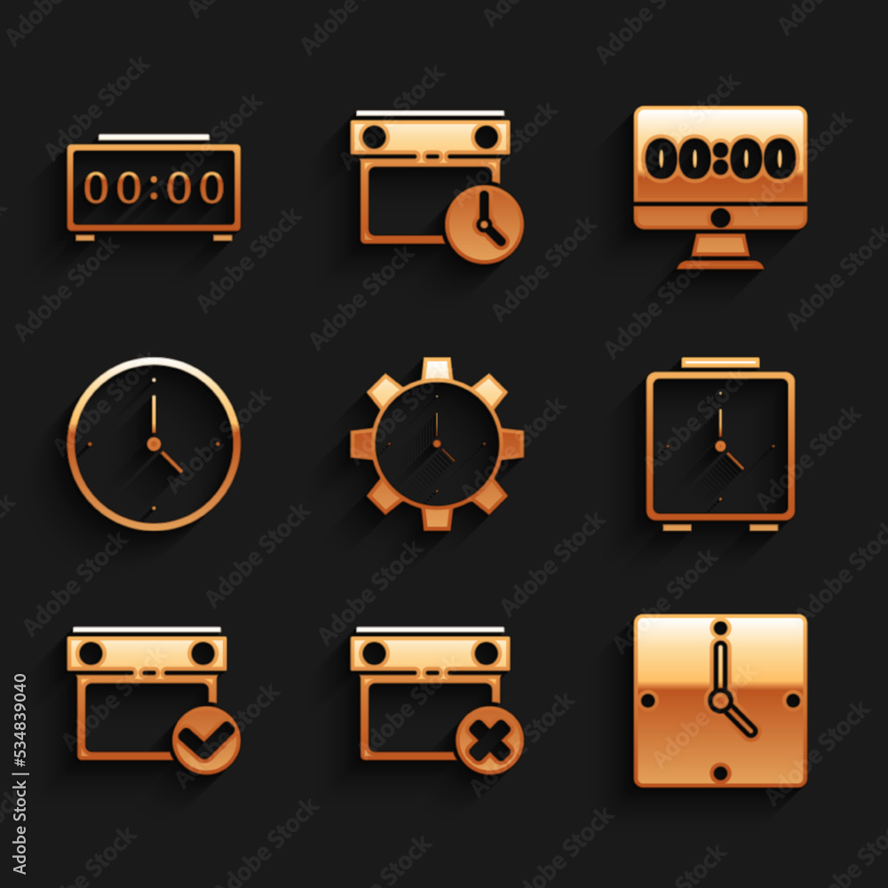 Set Time Management, Calendar date delete, Clock, Alarm clock, with check mark, on monitor and Digital alarm icon. Vector Set Time Management, Calendar date delete, Clock, Alarm clock, with check mark, on monitor and Digital alarm icon. Vector