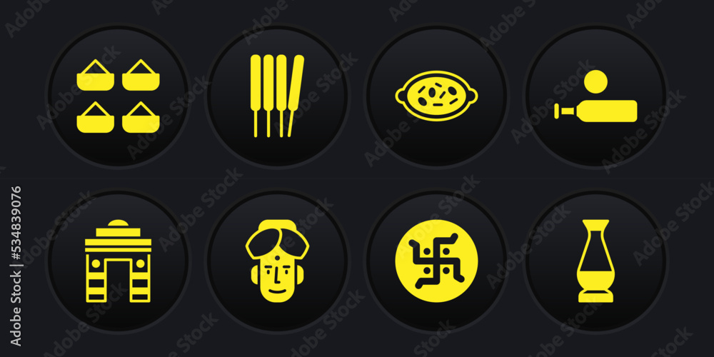 Set India Gate in Delhi, Wood cricket bat and ball, Indian man, Hindu swastika, Kheer bowl, Aroma sticks, incense, vase and spice icon. Vector Set India Gate in Delhi, Wood cricket bat and ball, Indian man, Hindu swastika, Kheer bowl, Aroma sticks, incense, vase and spice icon. Vector