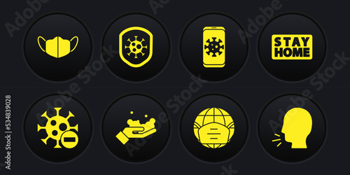 Set Negative virus, Stay home, Washing hands with soap, Earth medical mask, Virus statistics on mobile, Shield protecting from, Man coughing and Medical protective icon. Vector