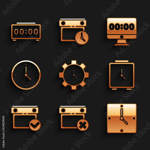 Set Time Management, Calendar date delete, Clock, Alarm clock, with check mark, on monitor and Digital alarm icon. Vector