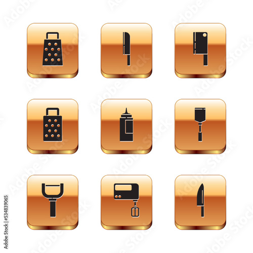 Set Grater, Peeler, Electric mixer, Sauce bottle, Meat chopper, Knife and icon. Vector