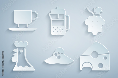 Set Elegant women hat, Grape fruit, French rooster, Cheese, press and Coffee cup icon. Vector
