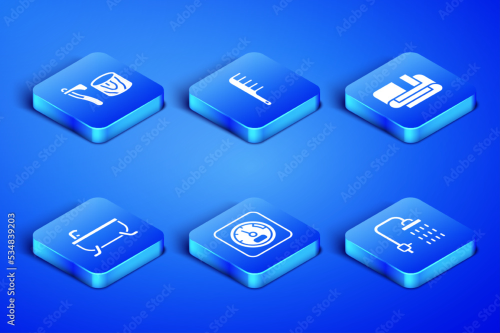 Set Shower, Wooden axe in stump, Sauna thermometer, Bathtub, Hairbrush and Towel stack icon. Vector