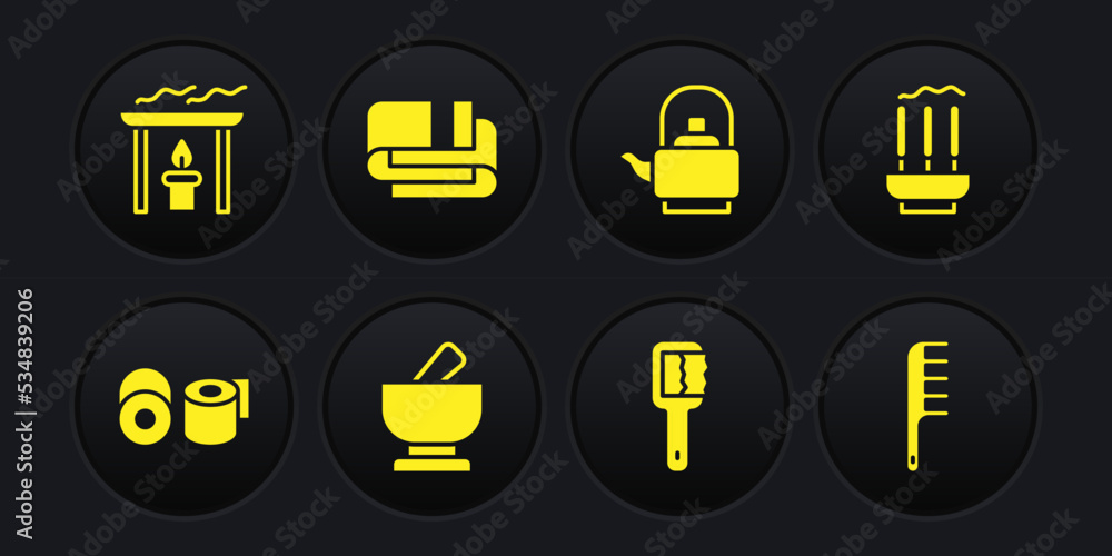 Set Toilet paper roll, Incense sticks, Mortar and pestle, Sauna brush, Kettle with handle, Towel stack, Hairbrush and Aroma candle icon. Vector Set Toilet paper roll, Incense sticks, Mortar and pestle, Sauna brush, Kettle with handle, Towel stack, Hairbrush and Aroma candle icon. Vector