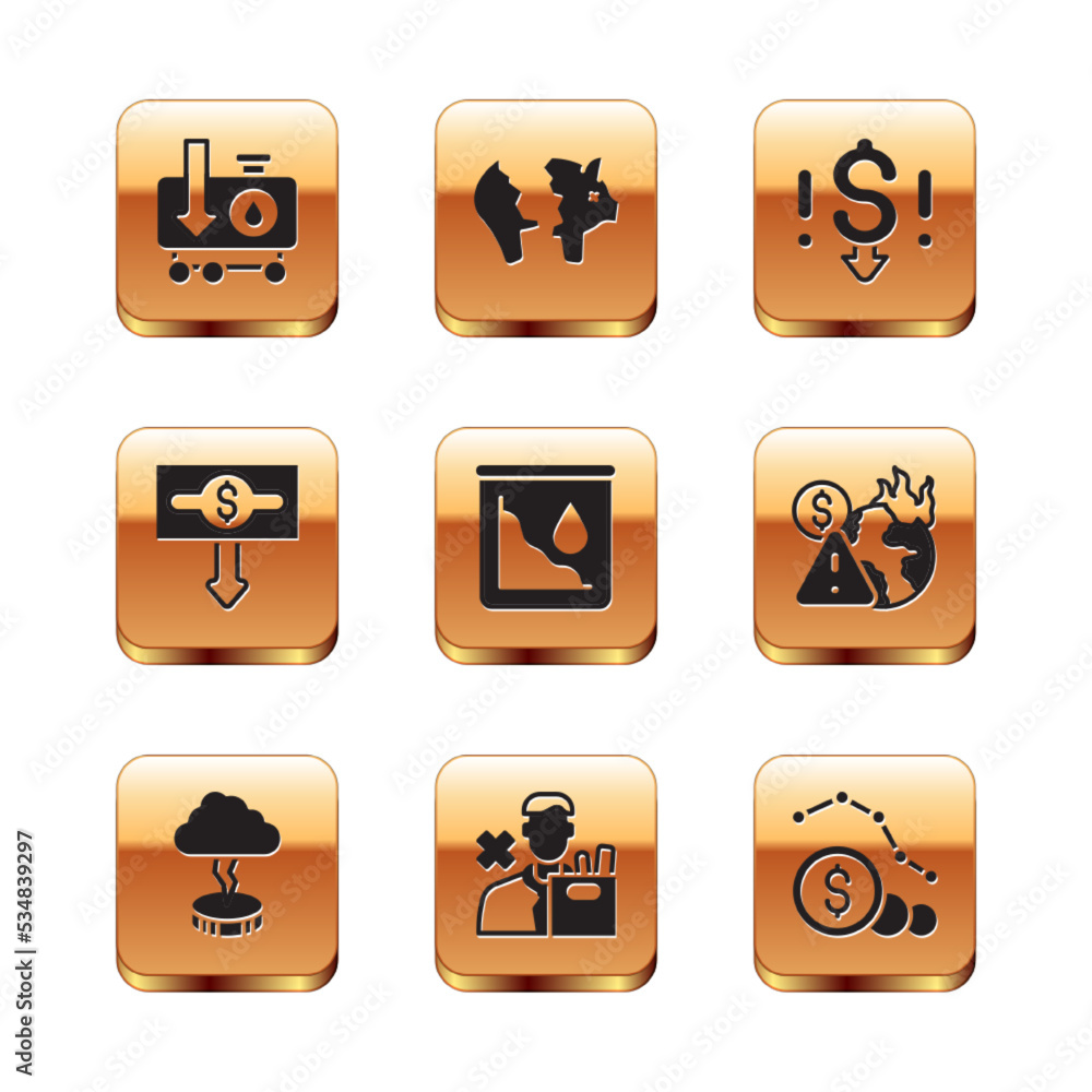 Set Drop in crude oil price, Storm, Employee dismissal, Dollar rate decrease, and Broken piggy bank icon. Vector Set Drop in crude oil price, Storm, Employee dismissal, Dollar rate decrease, and Broken piggy bank icon. Vector