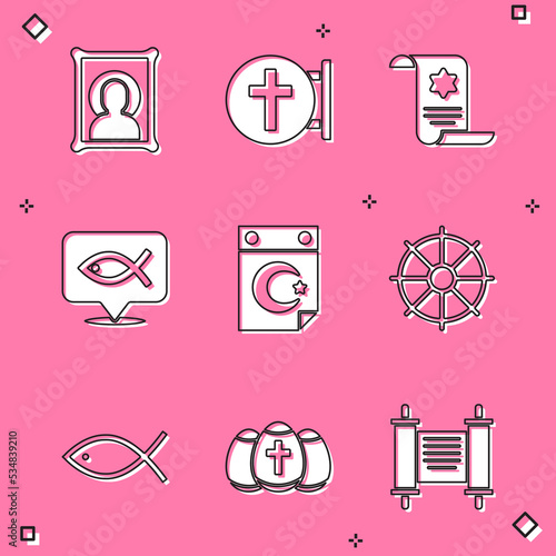 Set Christian icon, cross, Torah scroll, fish, Star and crescent, Dharma wheel, and Easter egg icon. Vector