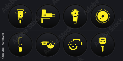 Set Rasp metal file, Circular saw blade, Angle grinder, Electric circular, jigsaw, Construction jackhammer and icon. Vector