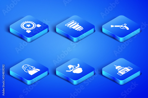 Set White House, Medal with star, Sheriff cowboy, Benjamin Franklin, Paper glass and Vintage pistols icon. Vector