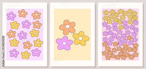 Abstract retro aesthetic backgrounds set with groovy daisy flowers. Vintage floral mid century art prints. Hippie 60s, 70s, 80s style. Trendy girly preppy design. 
