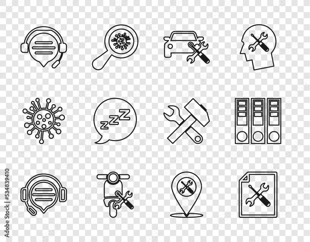 Set line Headphones with speech bubble chat, File document service, Car, Scooter, Speech snoring, Location and Office folders icon. Vector Set line Headphones with speech bubble chat, File document service, Car, Scooter, Speech snoring, Location and Office folders icon. Vector