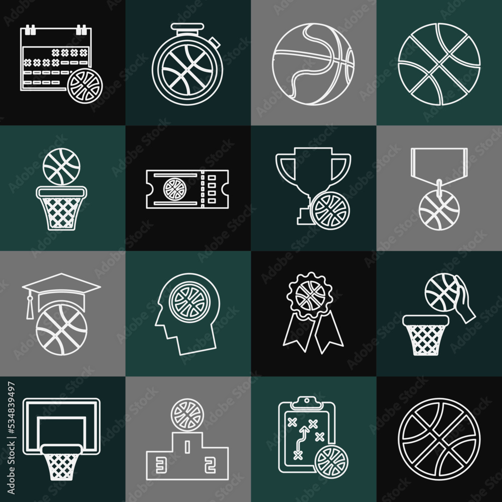 Set line Basketball ball, and basket, medal, game ticket, on sport calendar and Award cup with basketball icon. Vector Set line Basketball ball, and basket, medal, game ticket, on sport calendar and Award cup with basketball icon. Vector