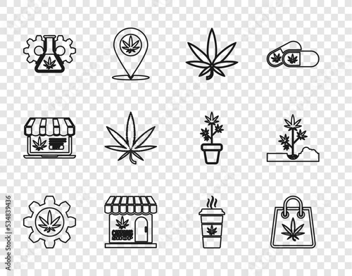 Set line Test tube with marijuana, Shopping bag of, Marijuana or cannabis leaf, and store, Cup coffee and Planting icon. Vector
