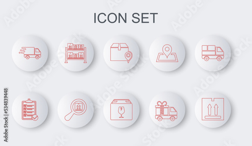 Set line Cardboard box with traffic, Verification of delivery list, Location cardboard, Delivery truck gift, in movement, Warehouse, Search package and fragile content icon. Vector