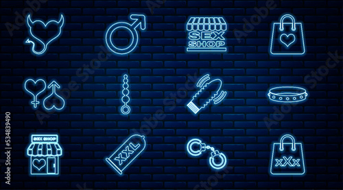 Set line Shopping bag with triple X, Leather fetish collar, Sex shop building, Anal beads, Male and female heart, Devil horns, Dildo vibrator for sex games and gender symbol icon. Vector