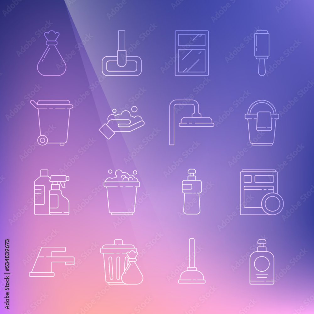 Set line Hand sanitizer bottle, Kitchen dishwasher machine, Bucket with rag, Cleaning service for windows, Washing hands soap, Trash can, Garbage bag and Shower head icon. Vector Set line Hand sanitizer bottle, Kitchen dishwasher machine, Bucket with rag, Cleaning service for windows, Washing hands soap, Trash can, Garbage bag and Shower head icon. Vector