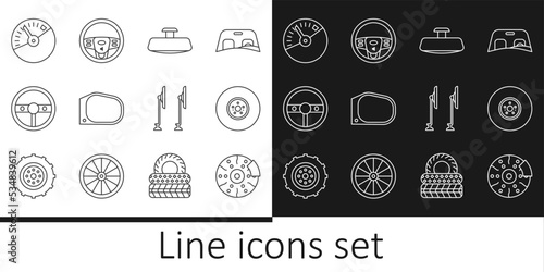 Set line Car brake disk with caliper, mirror, Steering wheel, Speedometer, Windscreen wiper and icon. Vector